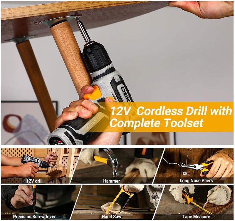 DEKO Tool Kit Box Drill Set Home Mechanic Toolbox with 12V Power Cordless Drill Hand Repair Tools Sets Combo Kits Storage Organizer Drawer Case for Men