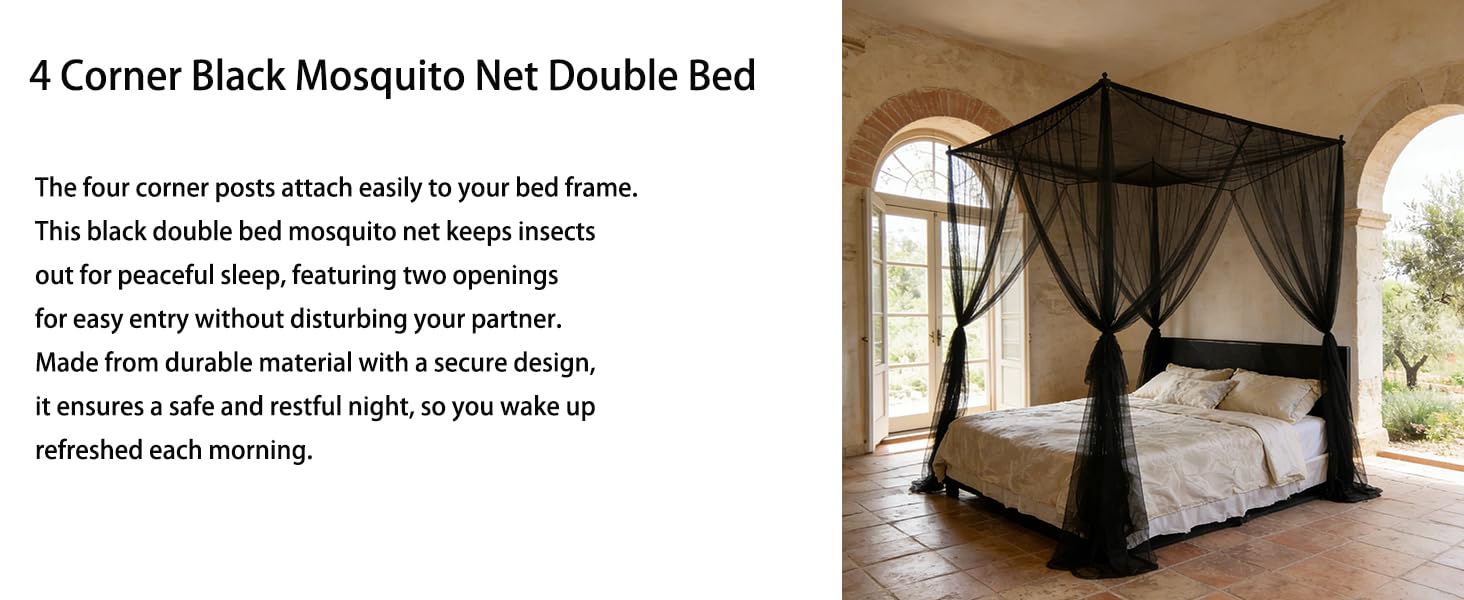 Classic Black Grid Pattern Bed Mosquito Net Curtains with 66ft LED Star String Lights for Starry Night Bedroom Use, 86.6"W x 79"L x 102"H 4-Opening Insect Shield, Fits King/Queen/Full Beds, King Size Fit