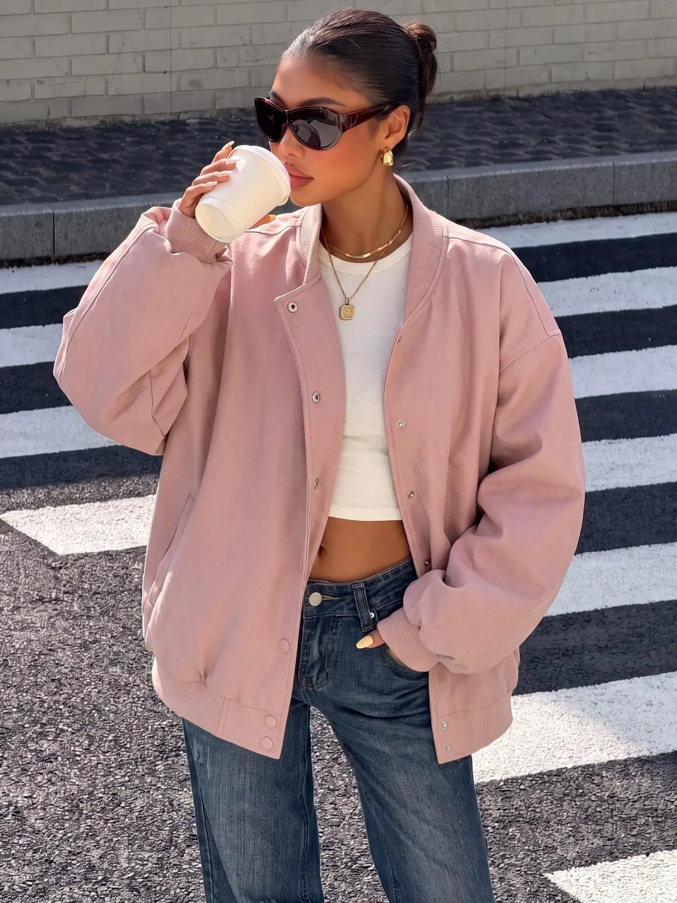 Light Pink Oversized Bomber Jacket, Loose Drop Shoulder Long Sleeve Faux Suede Snap Button Varsity Coat Outerwear for Daily Casual Streetwear