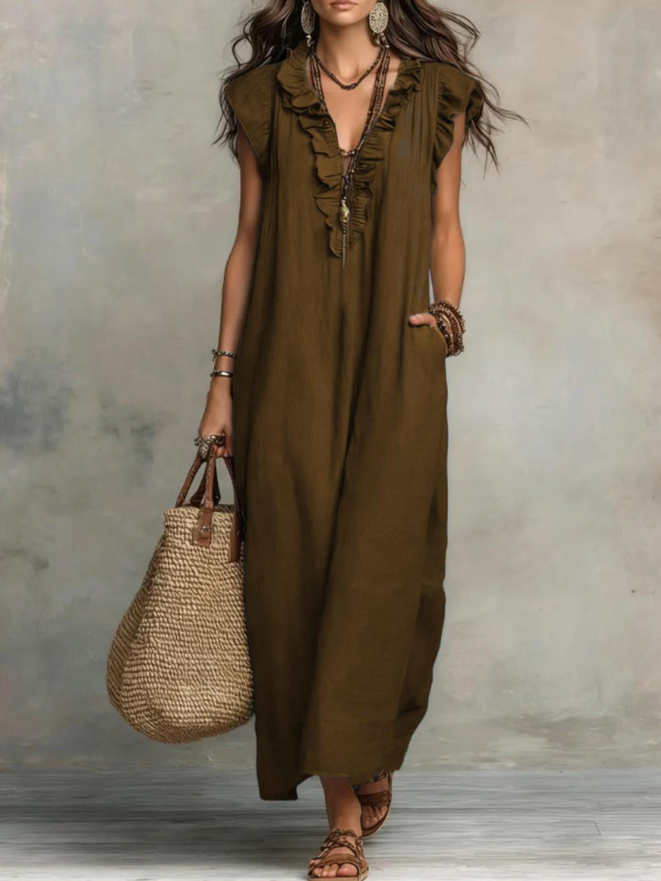 2026 Summer New Bohemian Long Dress, V Neck Ruffle Holiday Long Dress, Stylish and Comfortable, Perfect for Warm Weather