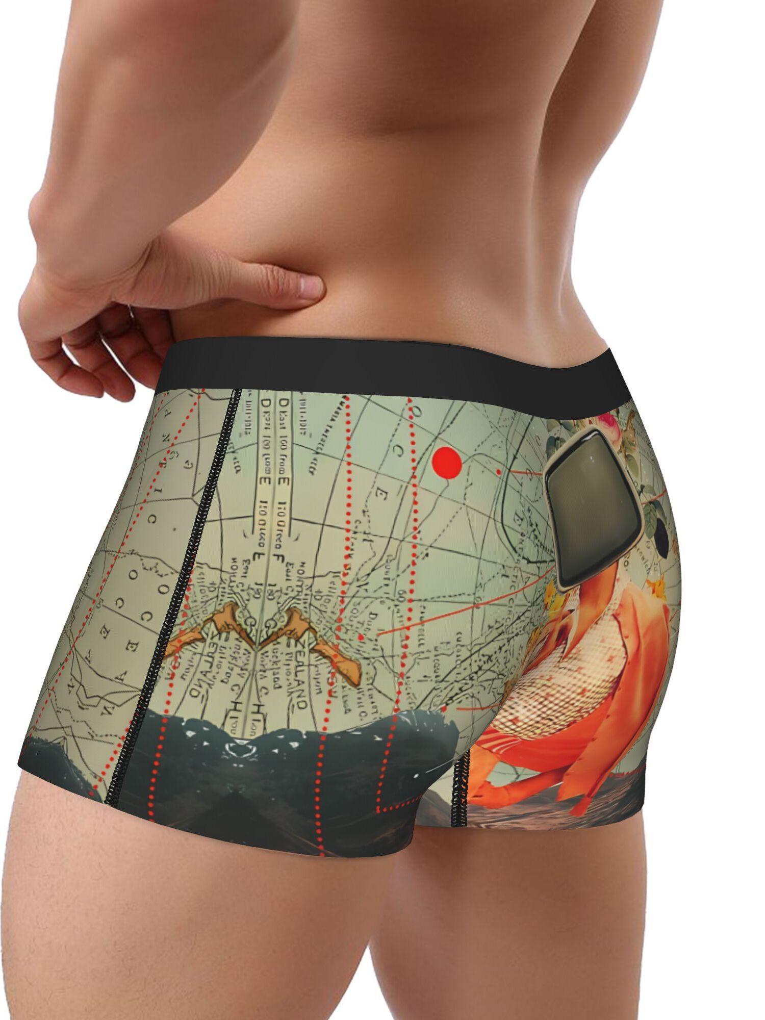 BIIHUDU Men'S Antarctic Broadcast Boxer Briefs - Stretchy Polyester Underwear with Satellite Dish & Floral Print, Comfort Fit