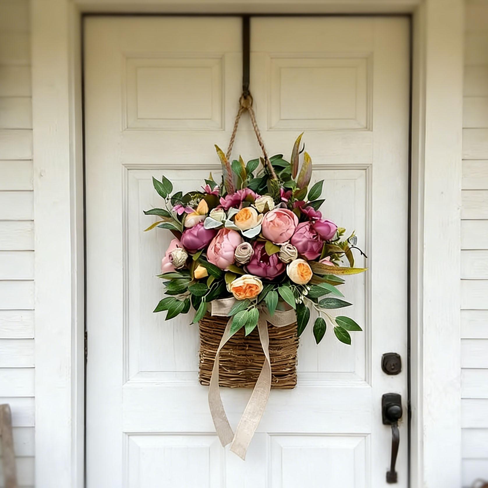 Peony Flower Door Basket Wreath, Spring Summer Wall Hanging Decor, Includes Hydrangea, Plastic Wreath for Front Door, Mother's Day, Daily Decor