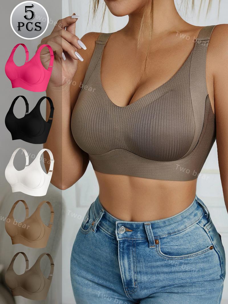 [7/5/4/3Pcs]Women's Solid Four-breastedAdjustable Wireless Bra,Curvy SoftComfortable BreathableRibbed PushUp Seamless Bra,Women's Lingerie forAll Seasons,Womenswear