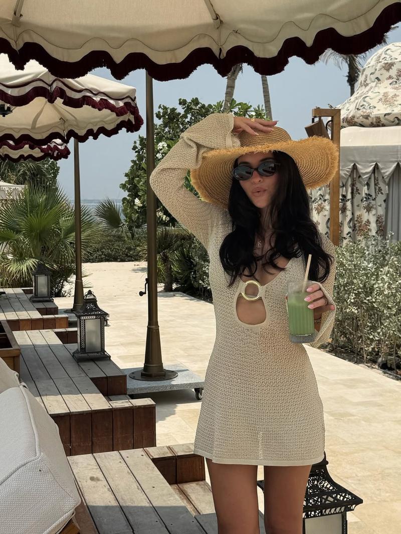 Elegant Vacation Style V Neck Hollow Out Knit Dress, Slim Fit Long Sleeve a Line Skirt, Plain Design for Women