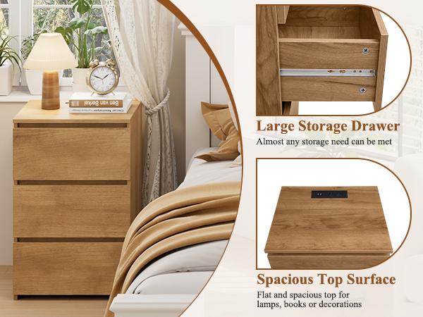FOTOSOK Nightstand Set of 2, Nightstad with Charging Station, White Nightstand with 3 Drawers, Nightstand with USB Ports, Power Outlets, Silent Slides, Wooden End Side Table Bedside Table for Bedroom, 2 Pcs