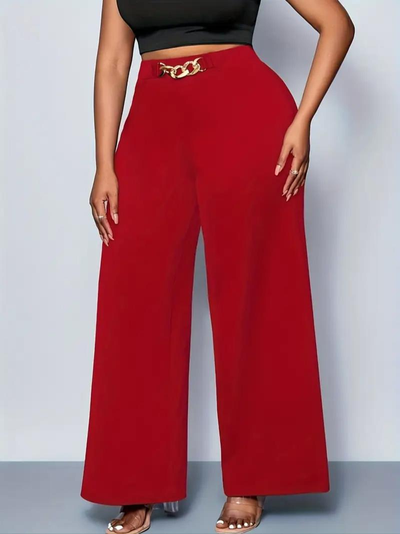 Women's Plus Size Wide Leg Pants, Fall Winter New Arrival, Belt Detail, Metal Chain Design, Casual Commuter Wear