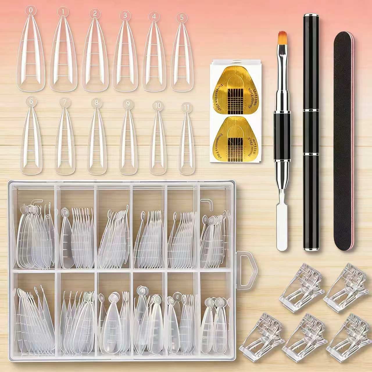 Nail Extension Mold Kit with Scale Nail Tips, Crystal Clips, Square Nail Forms, UV Gel Brush, Cuticle Pusher, Nail File, DIY & Salon Use