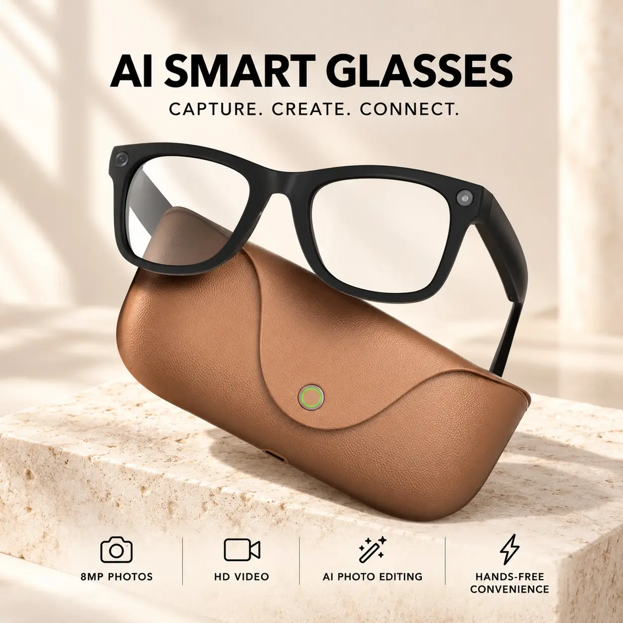 AI Glasses with Video Recording, 265mAh Glasses Battery, 38g Frame, 8MP Camera, Classic Square Frame for Daily Commutes, WiFi Video Sync, AI One-click Video Generation, One-tap Aspect Ratio Switch, Christmas Gift