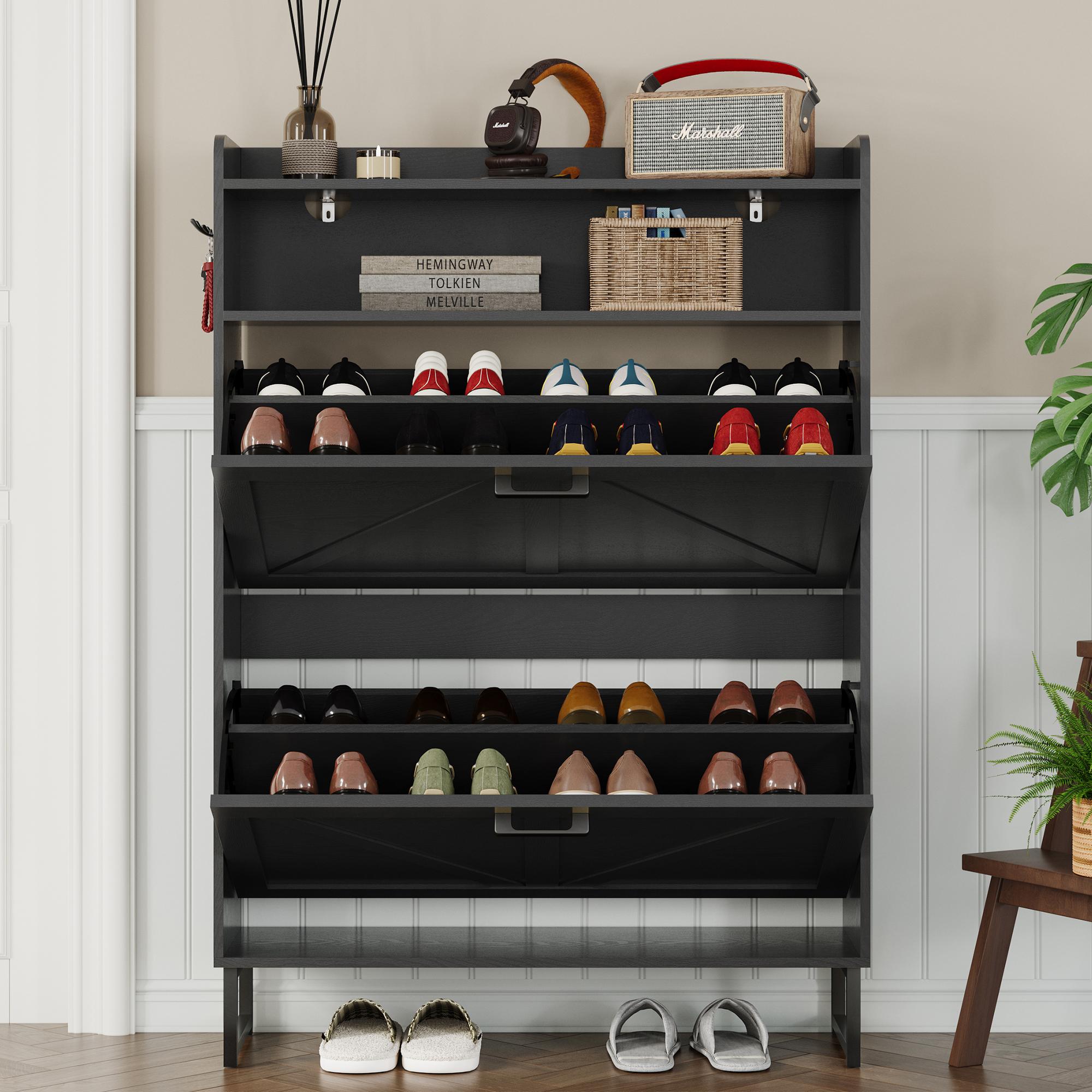 Double drawer ,Freestanding flip shoe cabinet, Slim fit wooden storage cabinet with hidden shelves | Corridor, living room, and bedroom shoe rack ,White