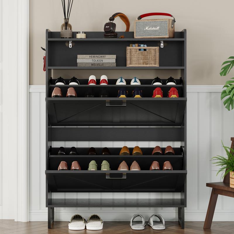 Double drawer ,Freestanding flip shoe cabinet, Slim fit wooden storage cabinet with hidden shelves | Corridor, living room, and bedroom shoe rack ,White