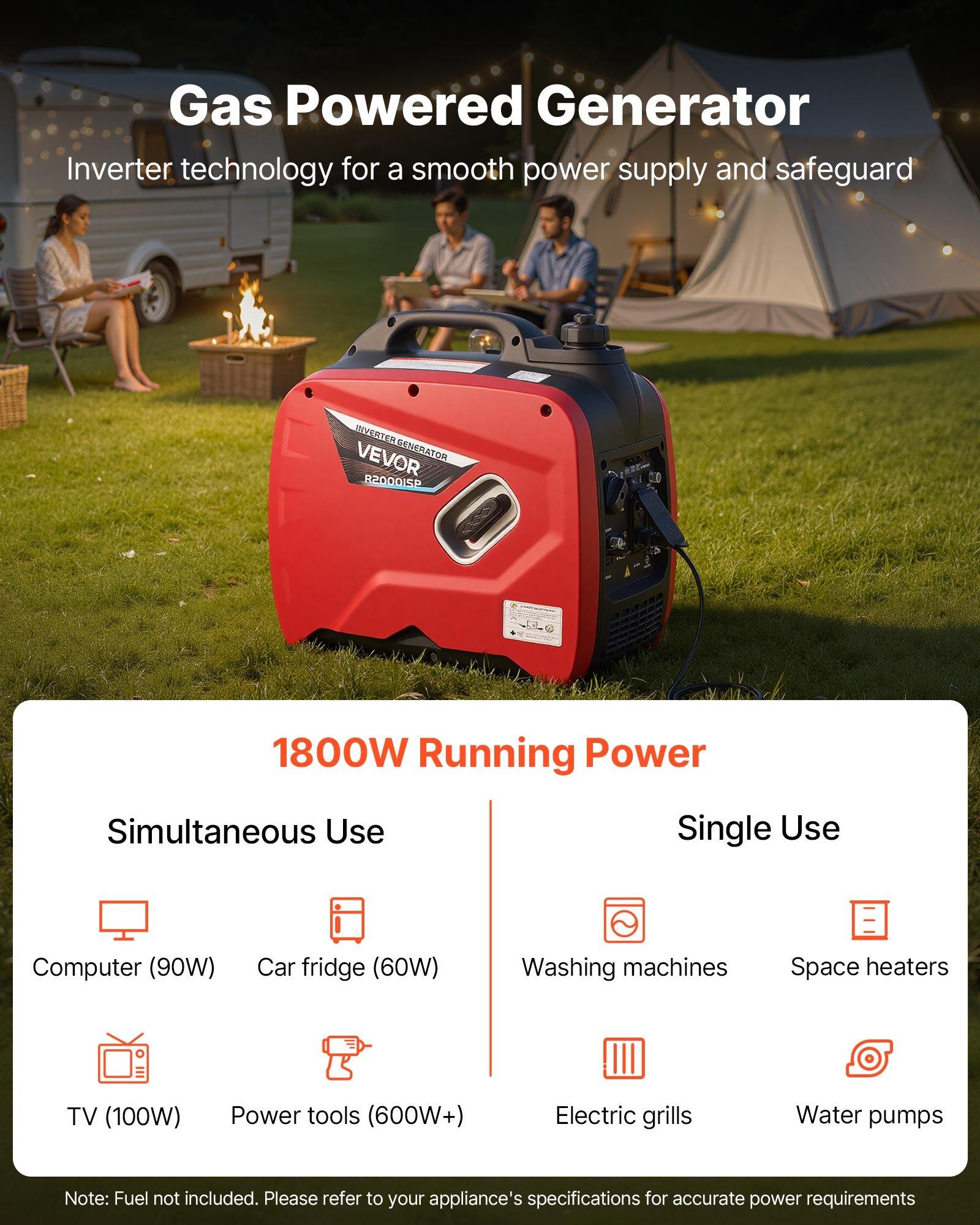 VEVOR 2900W Peak Watt Quiet Gas-Powered Inverter Generator (48.5 lbs), Compact Lightweight Construction for Camping/Emergency/Construction Use, AC Power Supply, CO Sensor, Long Run Time