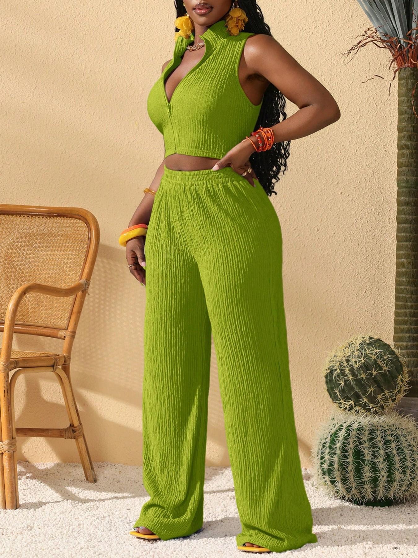 Women's Summer Two-Piece Set Lightweight High-Waisted Casual Chic Long Pants + Zipper Short Sleeveless Tank Top, Streetwear Vacation Style, Casual Outfit Set