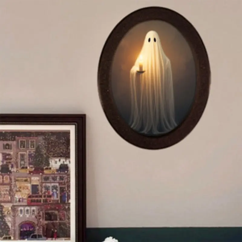 1PC Halloween Candle Holding Ghost Oval Wall Hanging, Vintage Distressed Wall Ornament, Dark Style Home Wall Decor For Entryway
