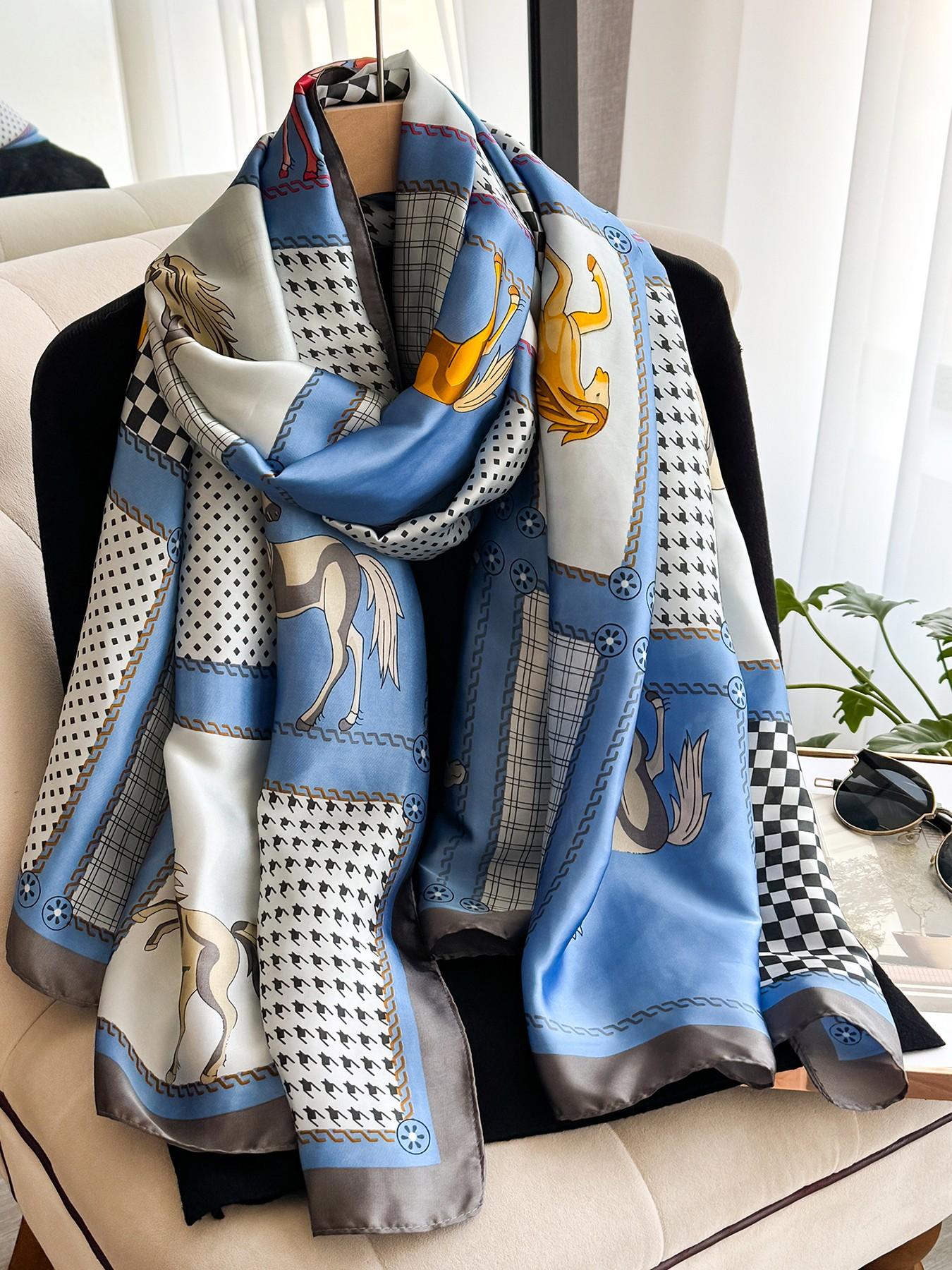 Women's Houndstooth Print Scarf, Elegant Fitted Lightweight Wrap, Ideal for Outdoor Beach Sun Protection, Spring Summer Accessory