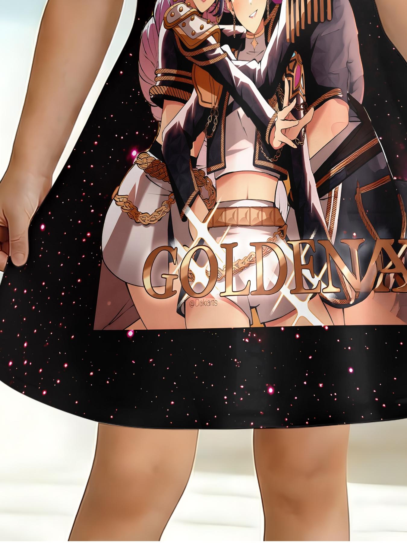 Girls Summer Anime Idol Print Dress, Kids Black Starry Sky Crew Neck Short Sleeve A-Line Skirt, Casual Princess Dress for Big Kids