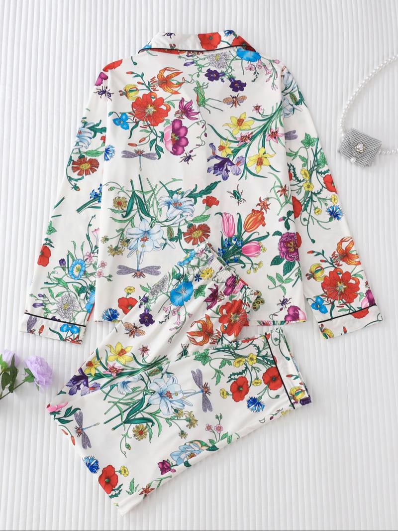 Women's All Over Floral Print Button Front Pocket Shirt & Elastic Waist Pants Pyjama Set, Casual Comfy Two-piece Pj Set, Ladies Sleepwear for All Seasons Pajama Set