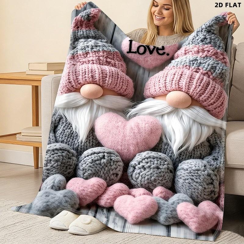 Cozy Love-themed Knitted Gnome Throw Blanket, Single-sided Printed, Multiple Specifications Available, Perfect for Napping & Relaxing, Soft Flannel Material, Ideal for Adults, Adds Warmth & Charm to Home, Office & Travel