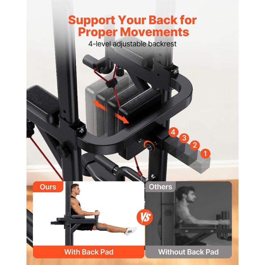 VEVOR Pull Up Bar, 330 LBS Power Tower Dip Station, Workout Dip Station with H-Shaped Stable Base Back Pad, Adjustable 12 Level Height Free Standing Chin Up Bar for Back, 4-Level Adjustable Back Pad