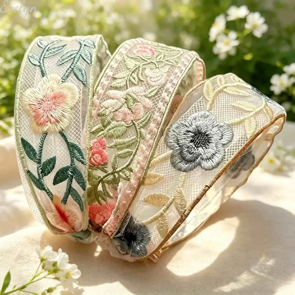Women's 3-Pcs Elegant Floral Embroidered Wide Flower Headbands Set, Soft Non-Slip Bohemian Hair Accessories for Women, Ideal for Daily Wear & Parties, Headbands For Women