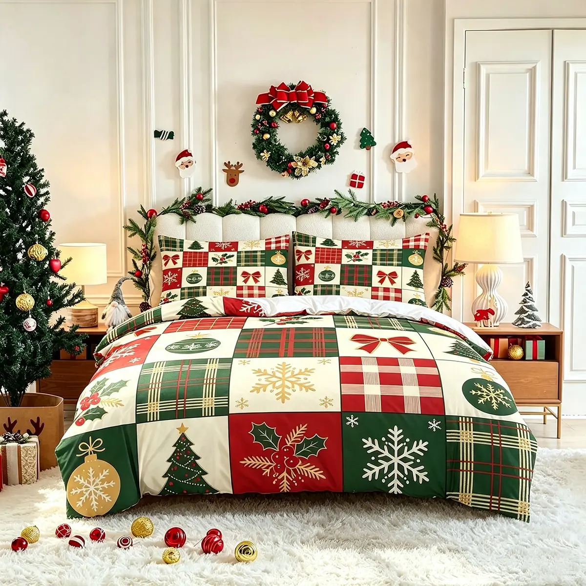 Christmas Duvet Cover Set,Merry Christmas Bedding Set Kid Boy Girls Room Decor,Cute Plaid Patchwork Bow Christmas Tree Comforter Cover, 1/2 Pillowcases(NO Comforter)