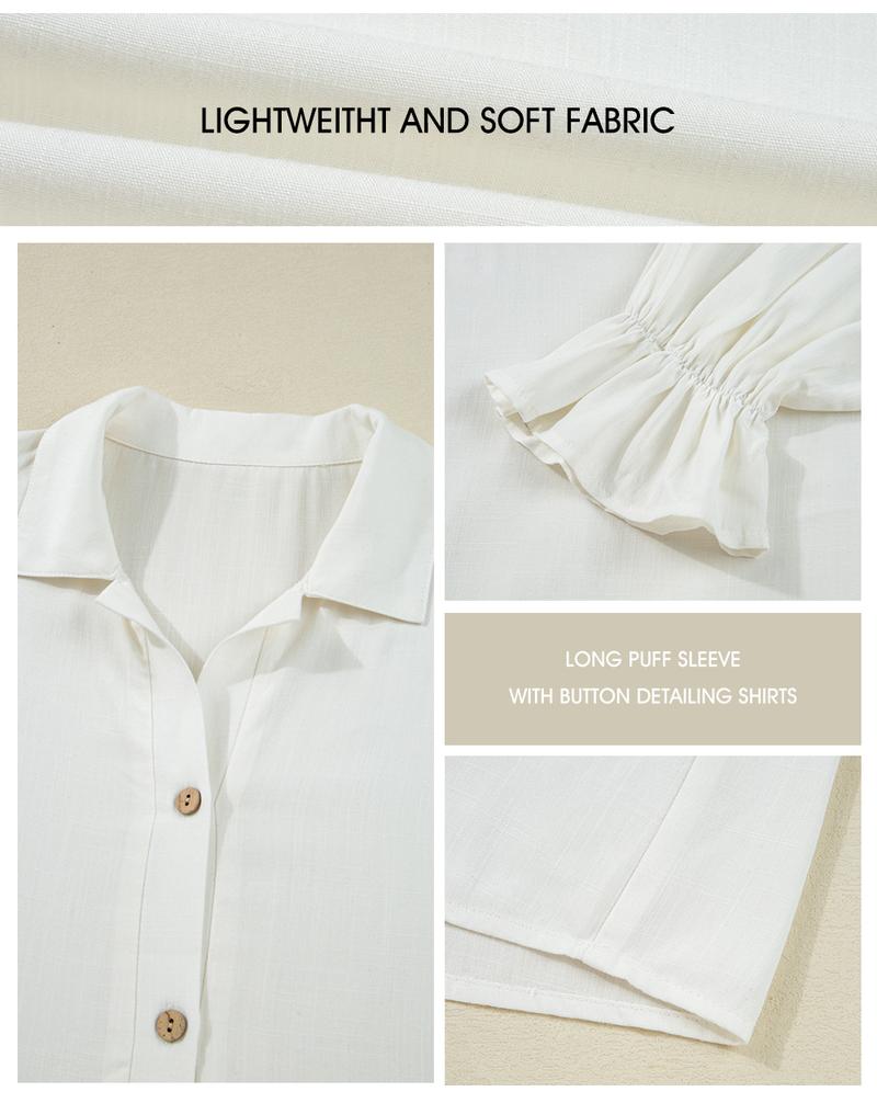 EVALESS Women's Casual Blouses Business Linen Tops Cute Puff Sleeve V Neck Button-Down Henley Shirts 2025 Fall Outfits