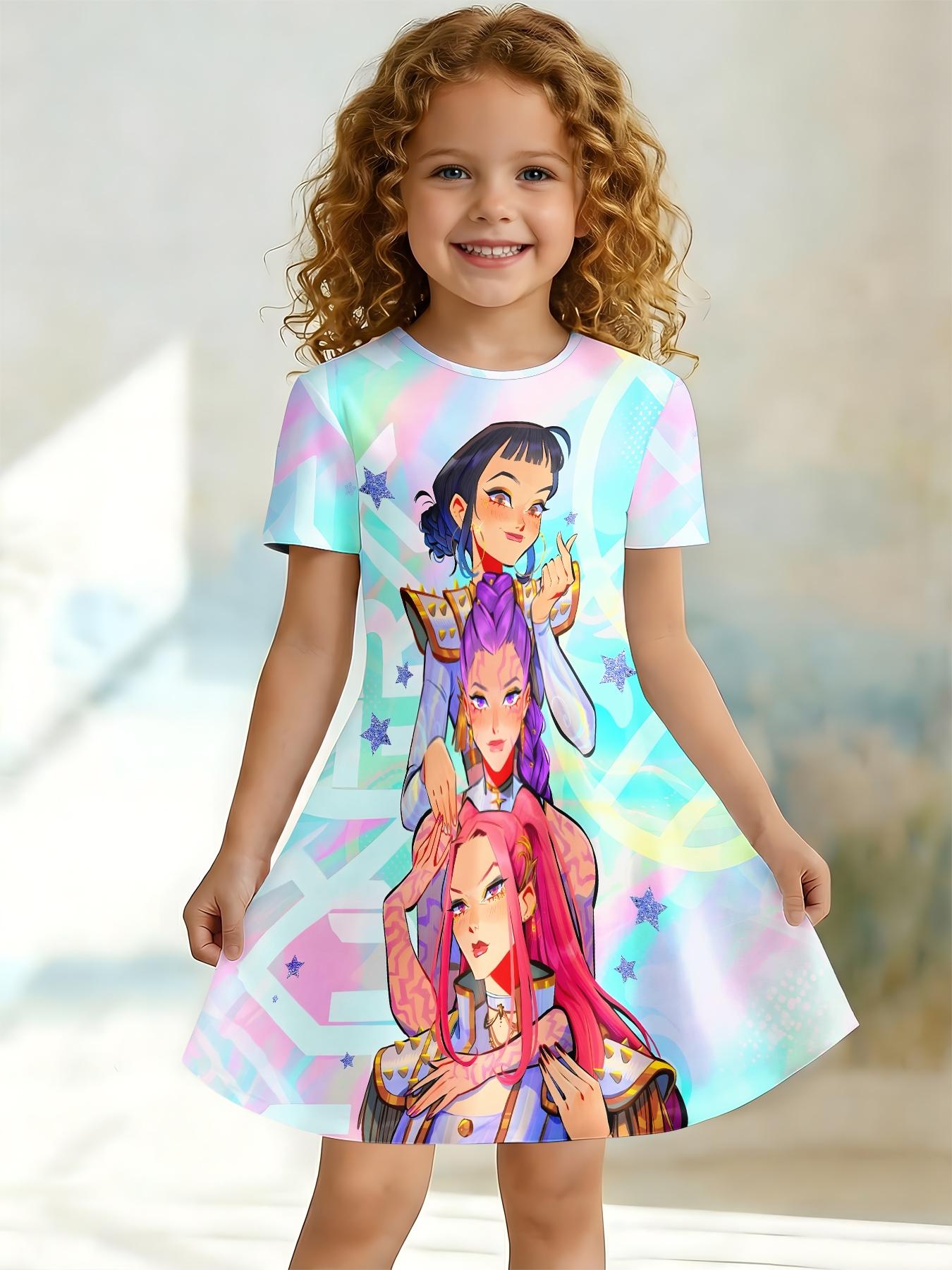 Girls Holographic Gradient Anime Girl Group Print Dress, Kids Crew Neck Short Sleeve A-Line Princess Skirt, Casual Summer Skirt for Big Kids