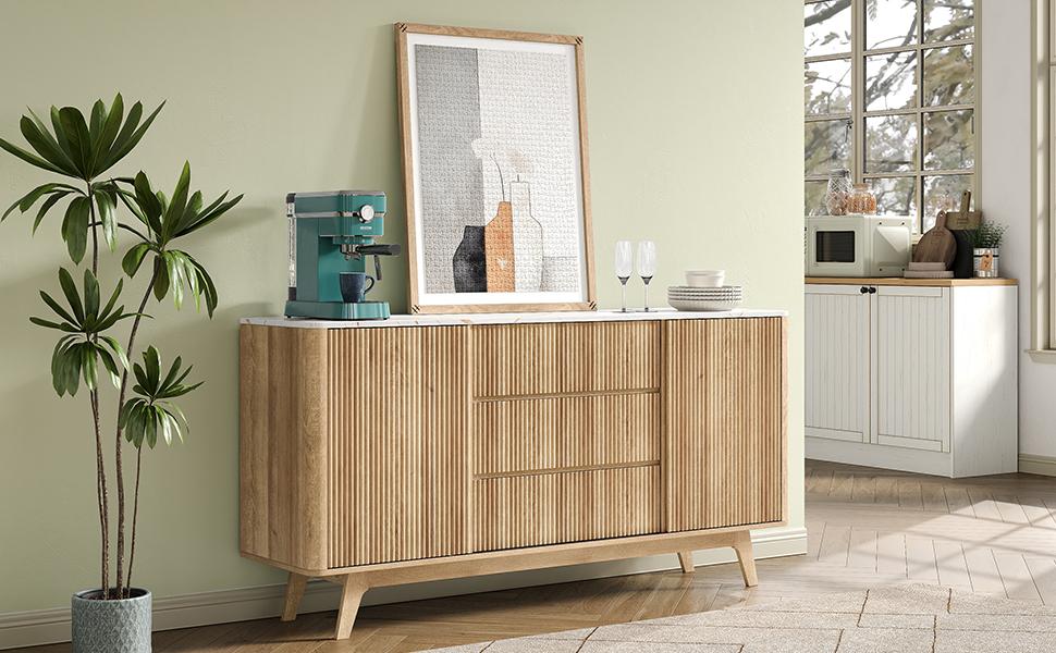 FUSOU 62" W Fluted Buffet Cabinet with Sliding Doors, Modern Sideboard Storage Cabinet with Power Outlet & 3 Drawers, Mid-Century Coffee Bar Table for Living Room, Dinning Room, Natural