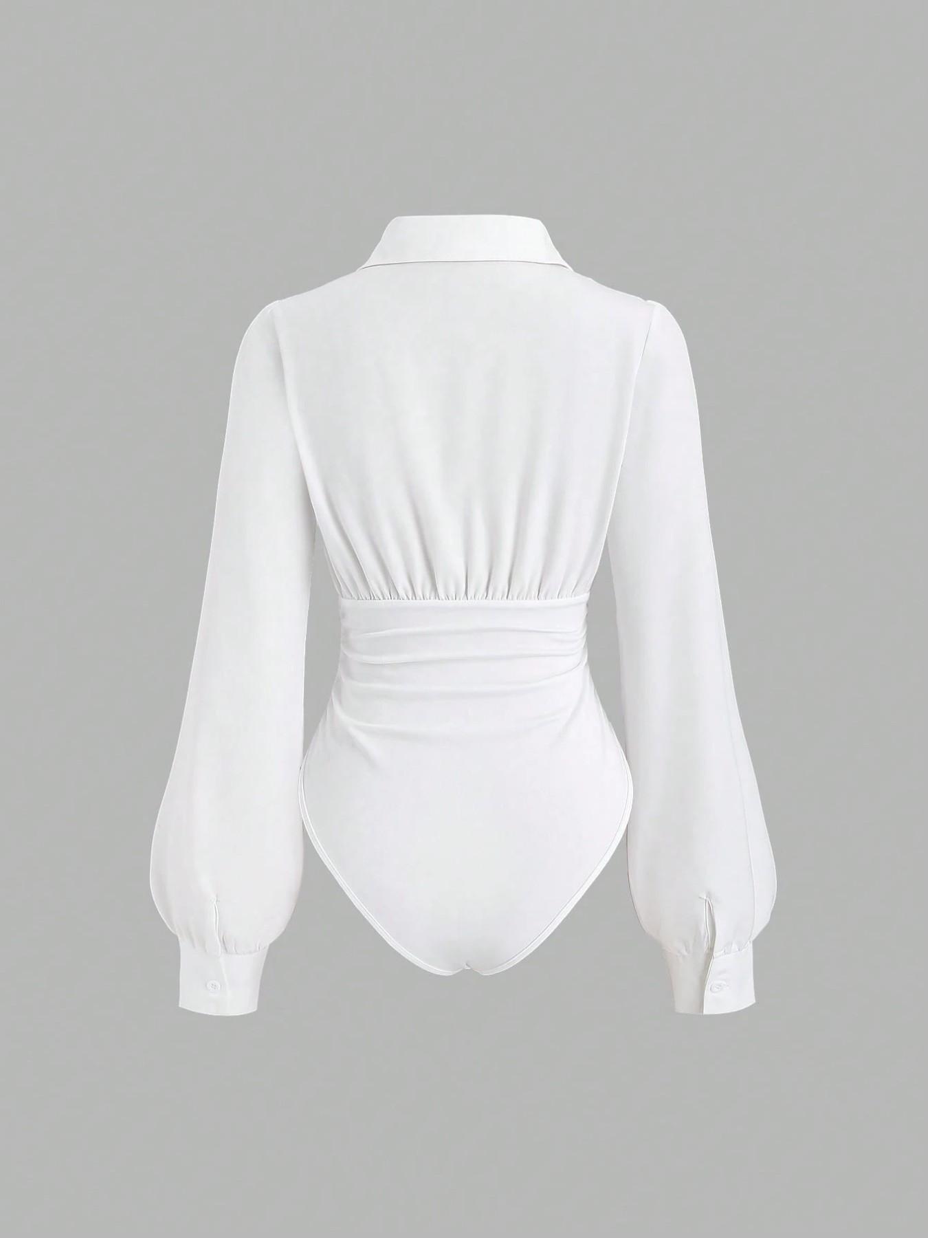 Women's solid color slim-fit V-neck long-sleeved shirt jumpsuit, elegant woven fabric, slim fit, suitable for all seasons, and can be layered flexibly Bodysuits