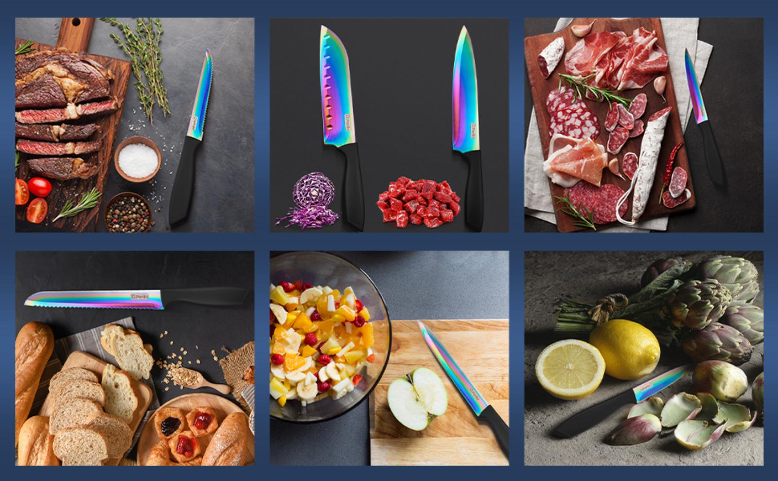 D.Perlla Ceramic Knife Set 16 Pieces, Colorful Knife Set Titanium Coating, with Acrylic Knife Holder, High Carbon Content No Rust, Super Sharp Kitchen Knife