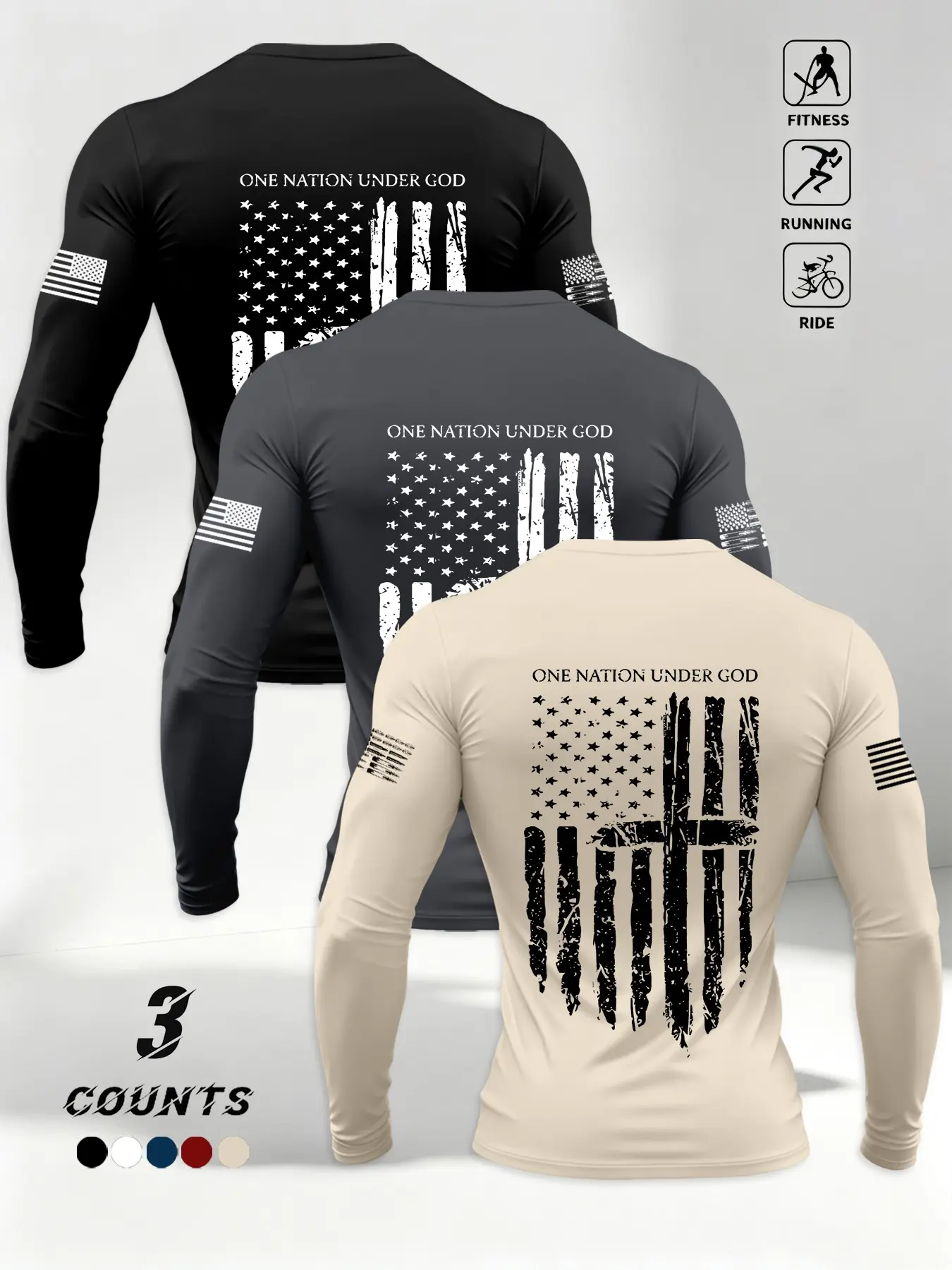 Men's 3-Piece Set, Vintage Cross Flag Slogan, High Stretch, Quick-Dry Long Sleeve, Sporty Style, Loose Fit, All Seasons, Athleisure Outfit