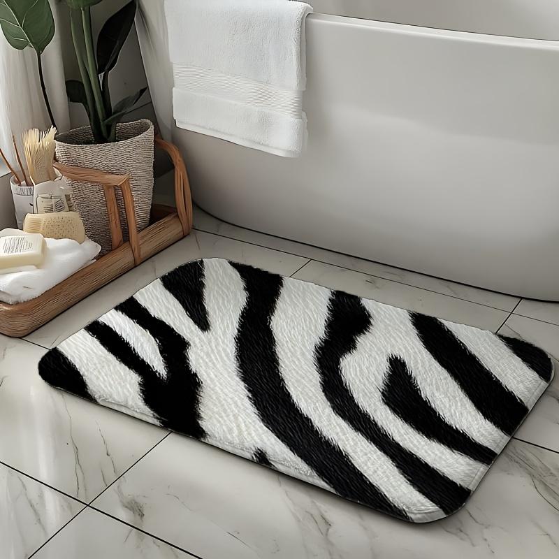 2D Flat, Bathroom Mat Set[New Arrival] 2D Flat 3pcs Set of Zebra Pattern Digital Print Quick-dry Bathroom Floor Mats, Including Toilet Lid Mat, Toilet U-shaped Mat, Made of Flannel Material with a Soft Surface. Decorative Sign& Plaque, 2D Flat