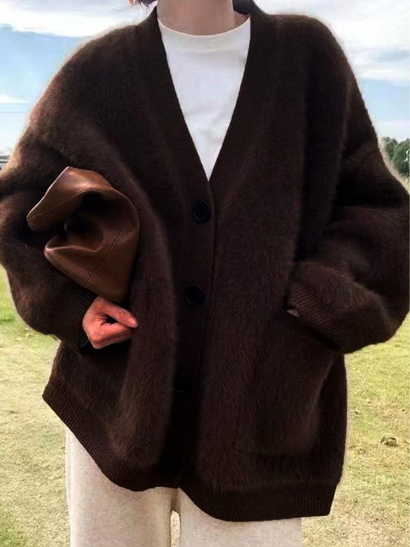 Women's Solid Button Front Pocket Drop Shoulder Fuzzy Sweater Cardigan, Casual Long Sleeve V Neck Cardigan for Daily Wear, Ladies Knitwear for All Seasons