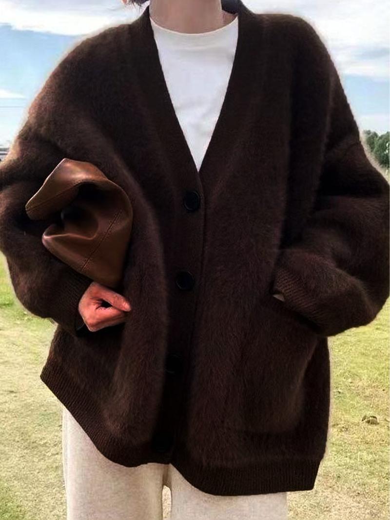 Women's Solid Button Front Pocket Drop Shoulder Fuzzy Sweater Cardigan, Casual Long Sleeve V Neck Cardigan for Daily Wear, Ladies Knitwear for All Seasons