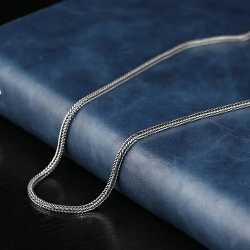 Pure S925 Sterling Silver Bright Classical Chopin Link Weave Fox Tail Pendant Chain Necklace 1.6mm Thick Men Woman Fine Jewelry