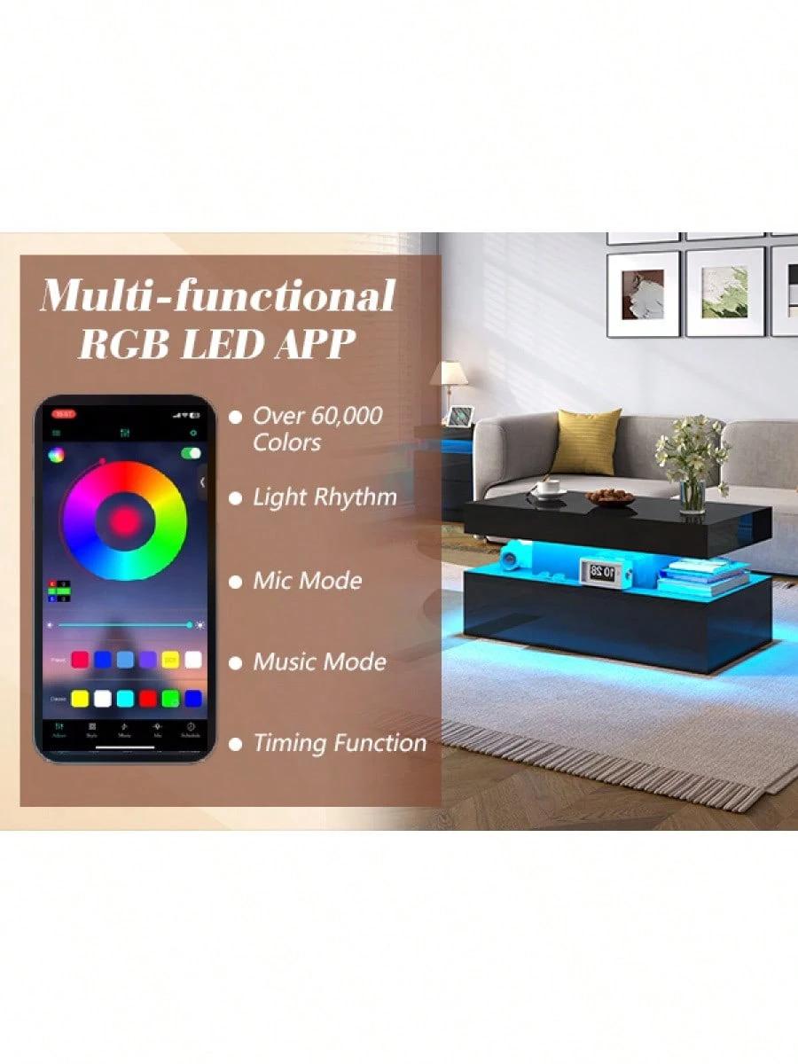 Living Room Coffee Table With LED Light, Modern High Gloss Center Table With Storage