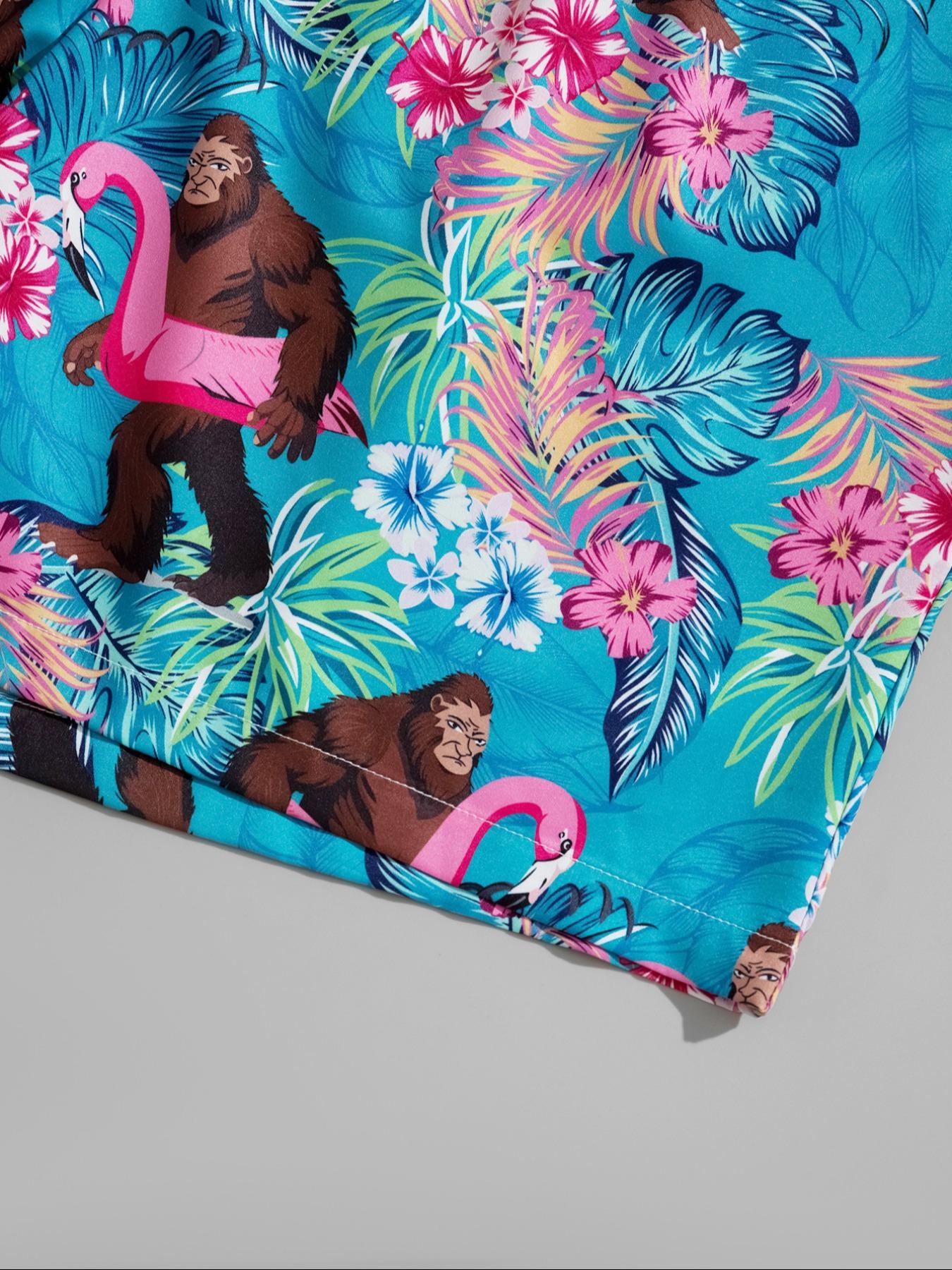 Men's Monkey & Flamingo Print Boxer Brief Swim Trunks, Regular Fit Casual Comfy Swim Shorts for Summer, Men's Swimwear for Beach Vacation