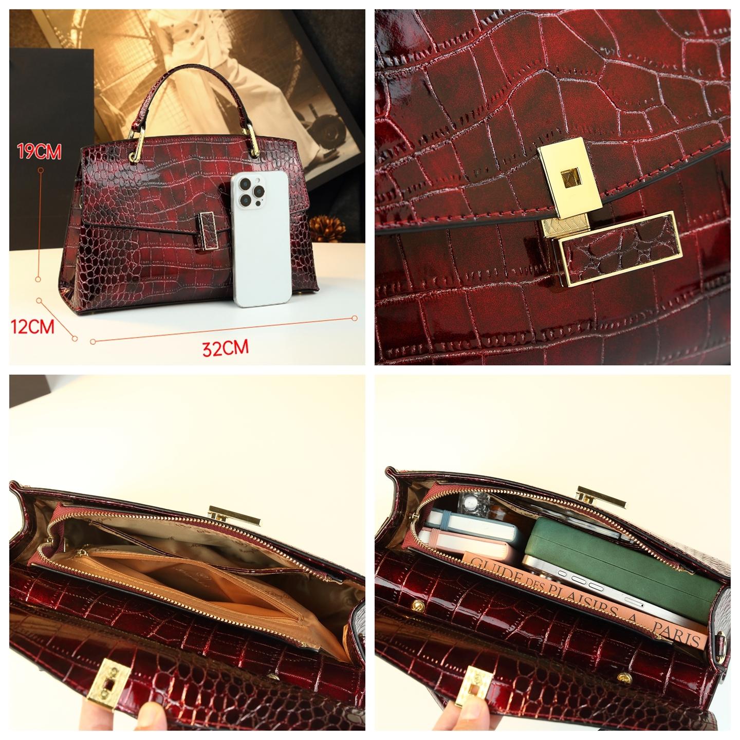 Luxury Wine Crocodile Texture Handbag, High-End Commuter Crossbody Bag, Elegant Mother Bag, Large Capacity Shoulder Bag