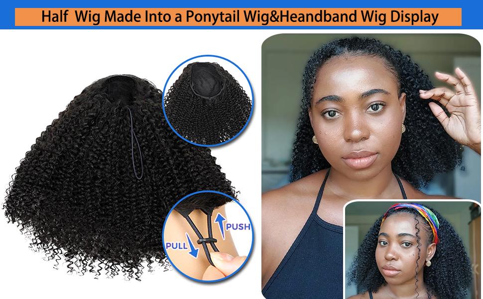 Kinky Curly Half Wig Human Hair 180 Density 3 In 1 Seamless Flip Over Half Wigs Human Hair Glueless Wear and Go Beginner Friendly Kinky Curly Wig Human Hair Drawstring Headband Wig for Women 20 Inch