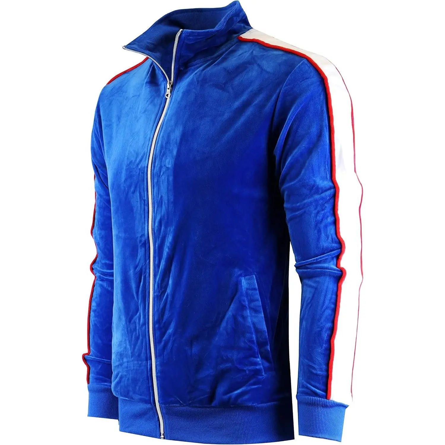 V11080 Mens Streetwear Slim Fit Spandex Plush Velour Track Jacket - Premium NYC Athletic Fashion Side Taped Top-Royal-Medium