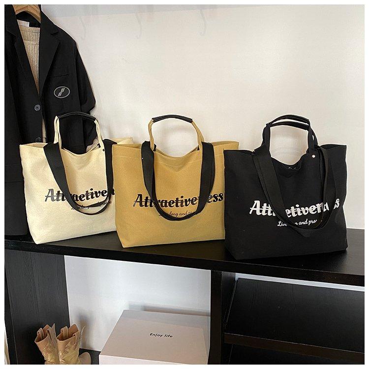 Casual Letter Print Canvas Tote Bag, Large Capacity Commute Shoulder Bag, Lazy Style Handbag, Student School Bag