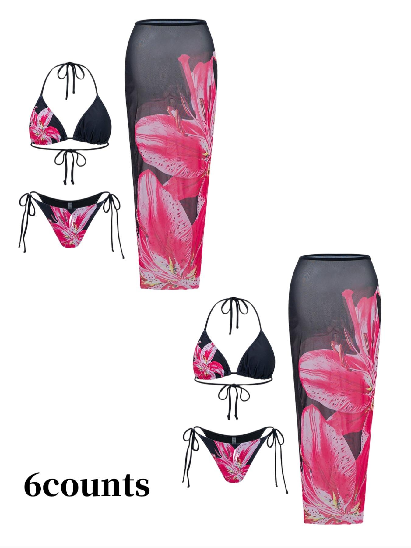 Women's Floral Print Halter Bikini Set, Casual Tie Back Contrast Mesh Swim Top & Tie Side Swim Bottom & Cover Up Skirt Set, Ladies Swimsuit for Beach Holiday Vacation, Floral Print Bikinis