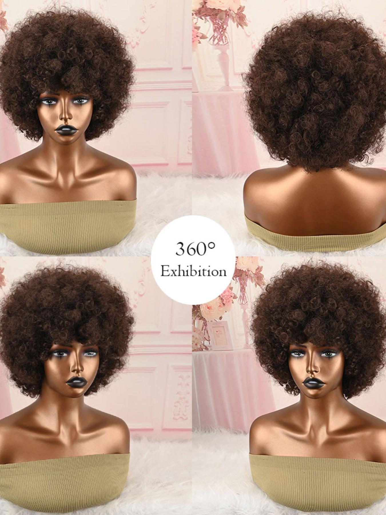 Chocolate Brown Fluffy Afro Synthetic Wig With Bangs High Temperature Fiber Short Kinky Curly Full Wig Retro Style For Women Party Cosplay Photoshoot