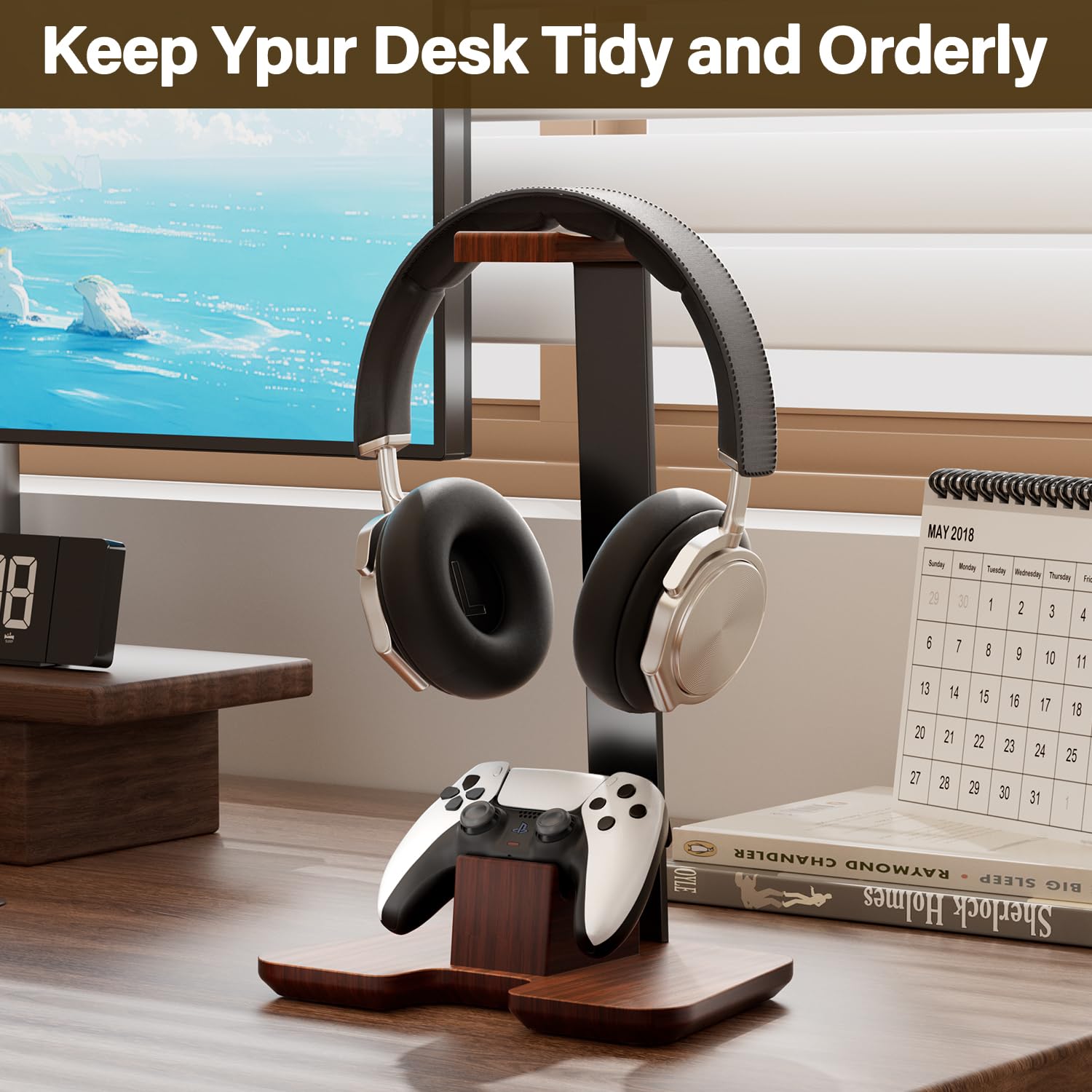 Wooden Game Controller Stand and Headset Holder, Desktop Organizer for Xbox Ps4 Ps5, Perfect Gift for Son Husband Boyfriend