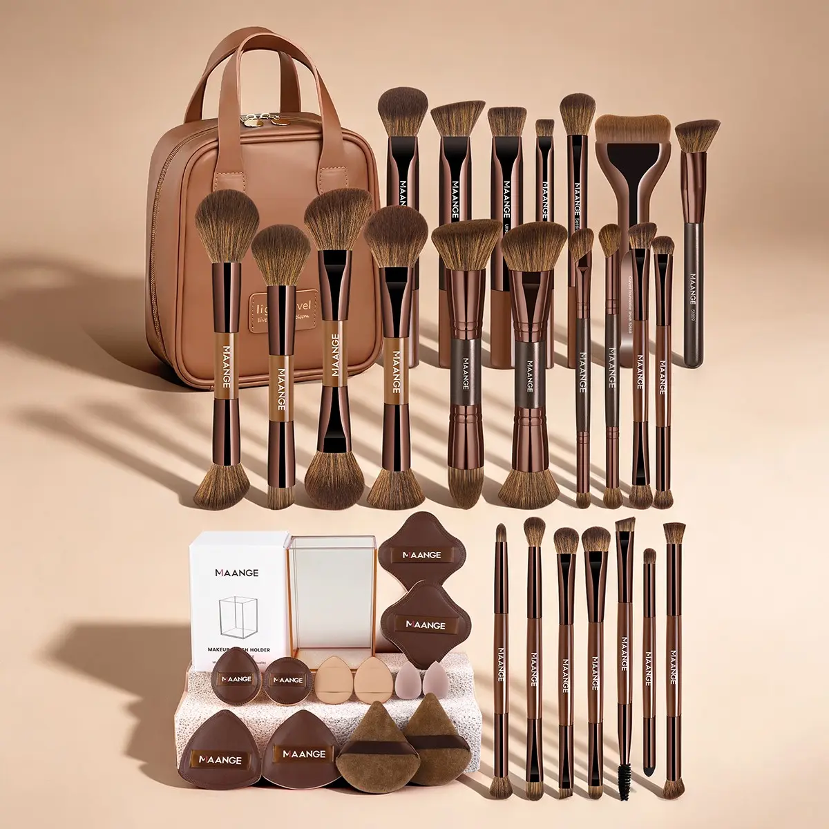 Maange Professional Makeup Brushes Set, 24 Pieces + 12 Puffers + Storage Box + Handbag, Gift for Women and Girls, Makeup Tools Kit