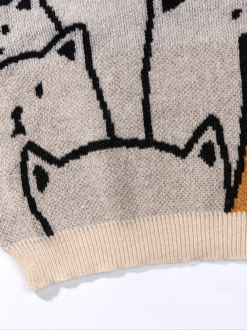 Unisex Men's All Over Cat Print Drop Shoulder Sweater, Cute Casual Long Sleeve Round Neck Jumper for Spring & Fall, Fashion Men's Knitwear for Daily Wear, Casual Comfy Pullover, Menswear