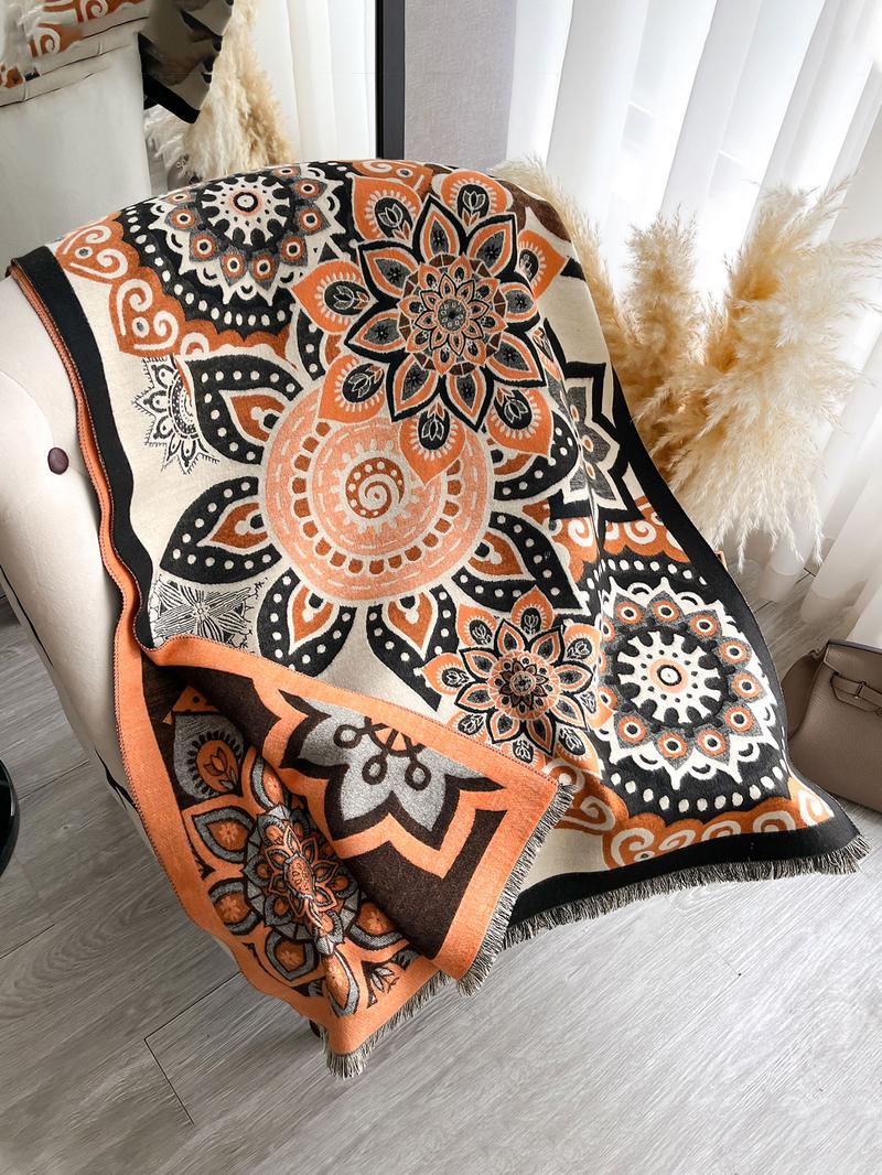 Elegant Floral Knit Scarf for Women, Boho Style Double-Sided Shawl, Fall & Winter Warm Daily Wear, Fitted Design