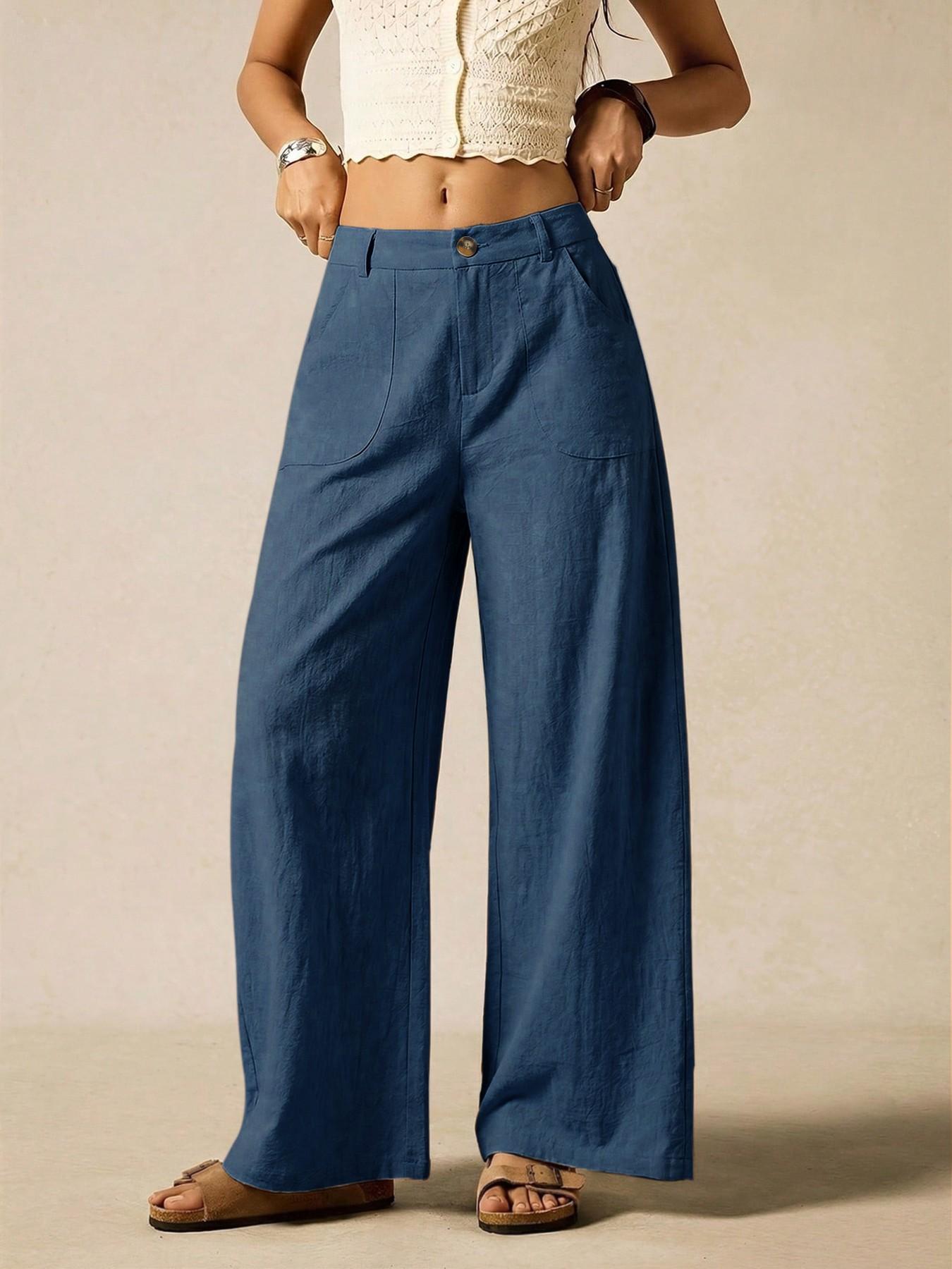Women's Summer Linen Breathable Lightweight Palazzo Pants Flowy Wide Straight Leg Beach Trousers, Button Pocket Trousers, With Pocket Casual Solid Color Soft Elastic High Waist Travel Vacation Date Brunch Home Work Street wear