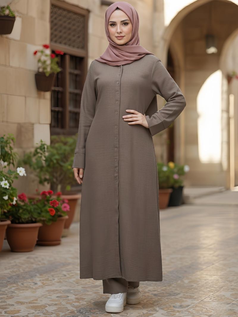 Two-Piece Long Sleeve Tunic Shirt Set with Belted Waist & Loose-Fit Pants, Breathable Linen-Like Fabric, Pocket Design, Casual Wear, Modest