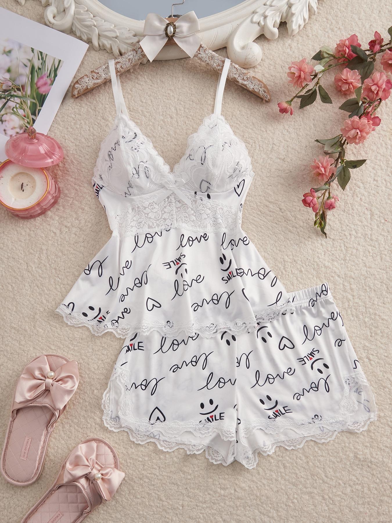Women's Plain Lace Patchwork Bow Decor Aesthetic Cami Top & Shorts PJ Set, Adjustable Spaghetti Strap Camisole & Elastic Waist Shorts, Ladies Sleepwear for All Seasons Women's Plain Lace Patchwork Bow Decor Aesthetic Cami Top & Shorts PJ Set, Adjustable Spaghetti Strap Camisole & Elastic Waist Shorts, Ladies Sleepwear for All Seasons