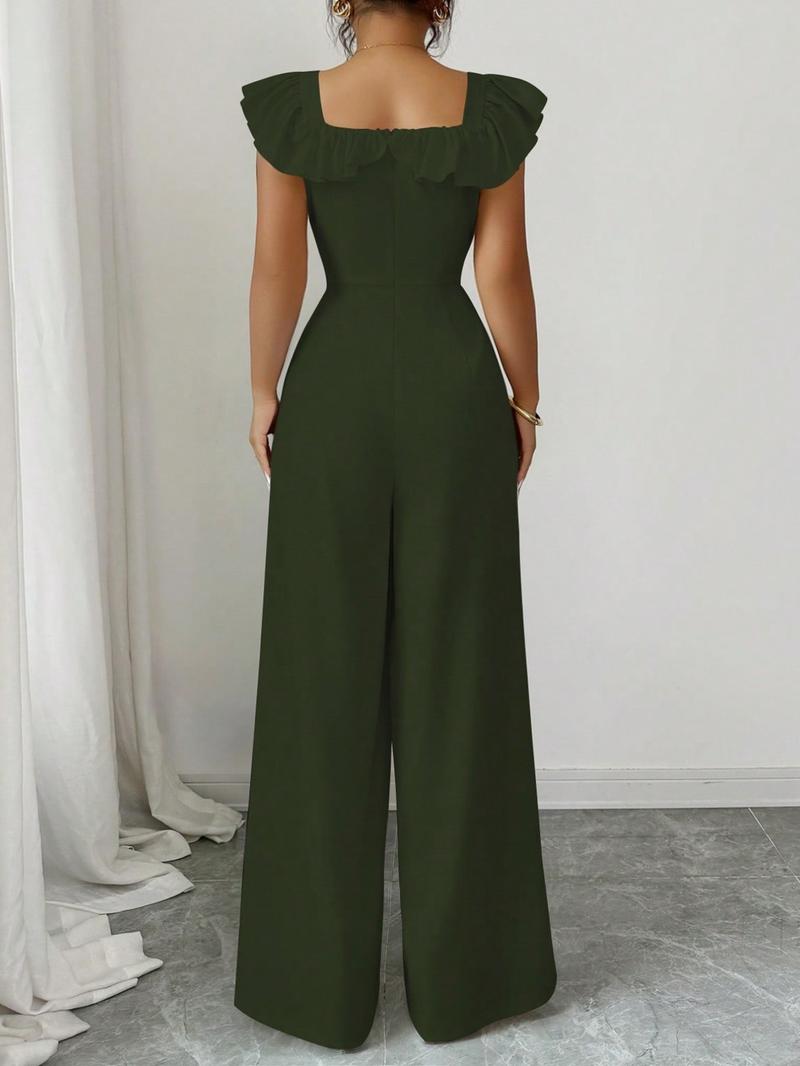 New Women's Square Neck Ruffle Mock Front Belted Button Pants, Casual Fitted Long Pants for Spring & Fall, Elegant Commuter Wear Jumpsuit